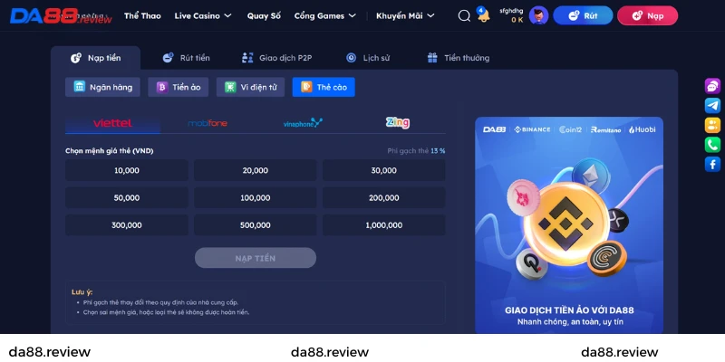 Nạp tiền Da88 qua thẻ cào