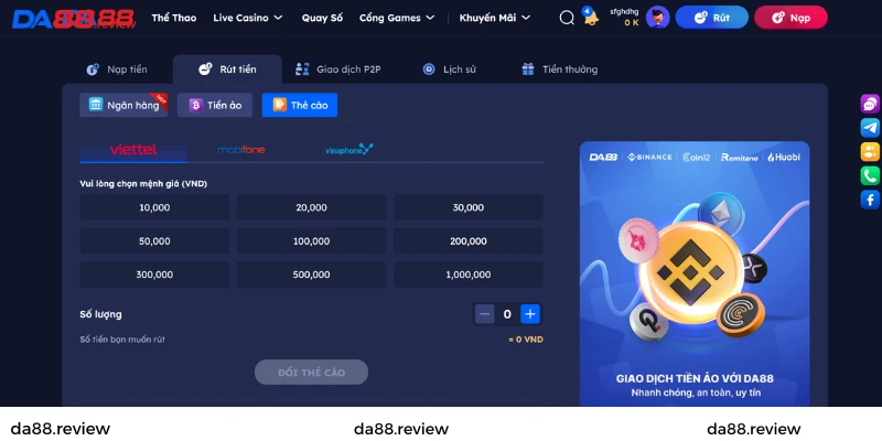 Rút tiền Da88 về thẻ cào